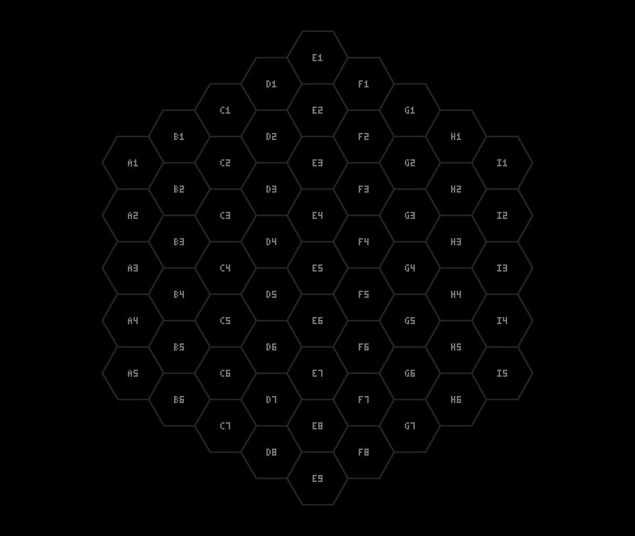 完整 61 格棋盤：中心一格，向外四圈；座標協助辨認落子位置。