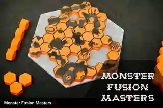 Monster Fusion Masters V1 原創實體 3D 列印桌遊,橘色與黑色六角棋子置於白色棋盤上。